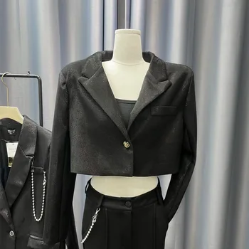 0507# נשים דש צווארון כפתור אחד קצר קטן ז 'קט חליפה למשרד נשים צבע שחור מיני עליון שרוול ארוך ייחודי הז' קט y2k