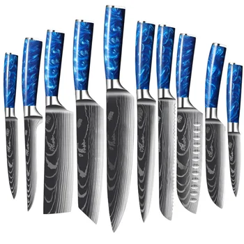 1-10 מחשבים סכיני מטבח סט כחול שרף להתמודד עם לייזר דמשק דפוס סכין שף Santoku קליבר חיתוך קילוף לחם סכינים