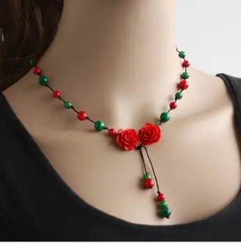 10 עיצובים תכלת אוסף אופנה אתני השרשרת Vintgae תכשיטים רוז שרשרת אדום,תאילנד עבודת יד מגולף לכה השרשרת