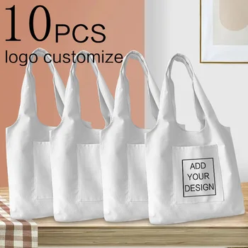 10PCS מעצב מותאם אישית תיק עם לוגו עיצוב לבן שקית קניות, אופנה נשים נסיעות שקיות בד לשימוש חוזר תיקי כתף
