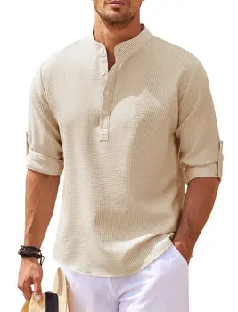 2023 Mens חולצה שרוול ארוך לעמוד צווארון פתוח כפתור אננס לבדוק Mens חולצות מזדמנים החולצה העליונה עבור גברים