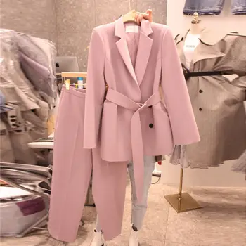 2023 אביב סתיו אופנה קוריאנית שיק רשמית כפול עם חזה חגורת החליפה מעיל מכנסיים שתי חתיכת קבוצה לנשים בלייזר מכנסיים חליפת z941