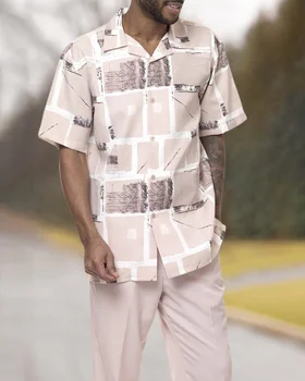 2023 גברים חליפה מודפסת טלאים דש שרוול קצר מקרית החולצה המכנסיים בקיץ רחוב חופשה הוואי החליפה של הגברים S-4XL