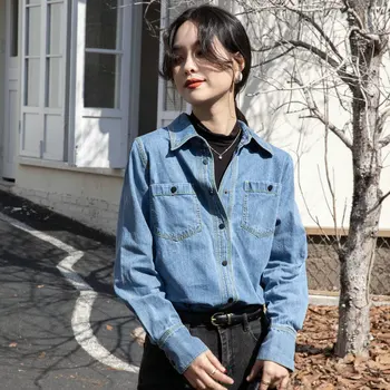 2023 חדש האביב אופנה אחת עם חזה קוריאני משובח עם שרוולים ארוכים כל-התאמה ג ' ינס כחול חולצה לנשים Z047