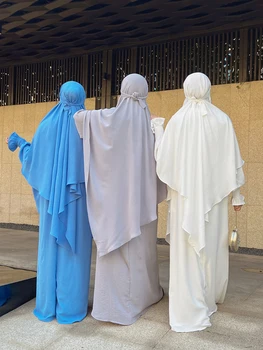 Abaya Khimar קבוצה 2 קטע תפילה בגדי נשים ארוכה משולש חיג ' אב צעיף+Smocked שרוול השמלה דובאי האיסלאם המוסלמים תלבושת רמדאן עיד