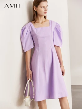 AMII מינימליזם נשים שמלת 2023 הקיץ צרפתית 100% כותנה רטרו Pullovers הנסיכה פאף שרוול קו מוצק Vestidos 12240395