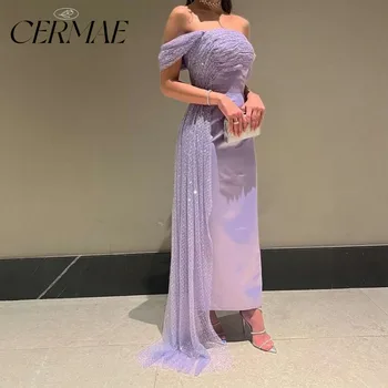 CERMAE סגול סאטן קו מותן מחוץ כתף גזה הקלטת אלגנטי פשוט רקום ערב שמלת נשף שמלת מסיבת לנשים 2023