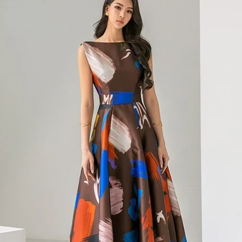 H האן המלכה החדשה שמלות קיץ קוריאני רטרו הדפסה שרוולים Vestidos אופנה סלים התנופה הגדולה O-צוואר ארוך מסיבת הלבוש