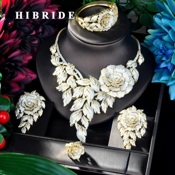 HIBRIDE יוקרה חדשים פרח שרשרת תליון זהב צבע יוקרה תכשיטי נשים קבע עבור מסיבת הכלולות אביזרים תכשיטים מתנות N-923