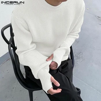 INCERUN מקסימום 2023 סגנון קוריאני חדש לגברים מוצק כל-התאמה צוואר עגול סוודר מקרית פשוטה זכר רופף נוח קט S-5XL