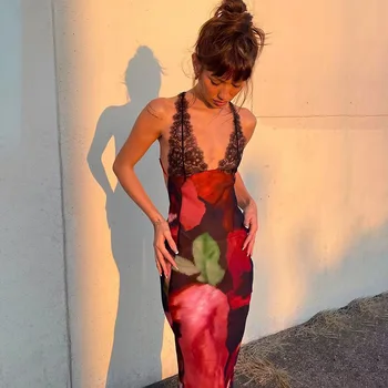 Jocoo Jolee הקיץ הדפסה צוואר V סלים של נשים שמלה סקסית מחשוף גב 2023 אופנה תחרה אלגנטי ערב שמלות ארוכות