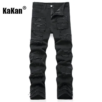 Kakan - האירופי והאמריקאי חדש מקרית Slim Fit רגל קטנה אלסטי רגל ישרה ' ינס לגברים, שחור שרוט זמן Jeans9-010
