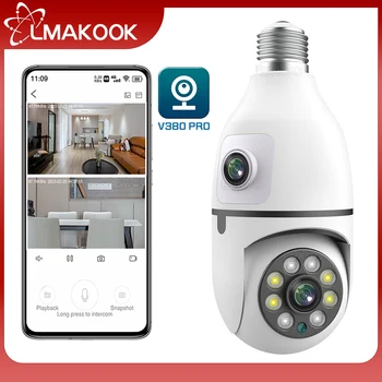 LMAKOOK 6MP כפול עדשת הנורה E27 PTZ WiFi מצלמה מקורה 4MP מסך כפול מעקב אוטומטי אבטחה מצלמות V380 PRO