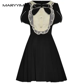 MARYYIMEI מעצב האופנה הקיץ של נשים שמלת חרוזים קצר עם שרוולים O-צוואר קשת רקמה המותניים מסיבת שמלות מיני