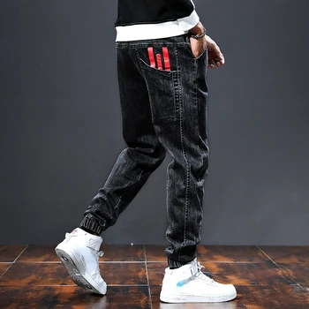 Mens קאובוי מכנסי הרמון קוריאני אופנה ג ' ינס גברים קיץ קלאסי גרפי Boot Cut כותנה שחור אלסטי קרע רגיל מכנסיים XL