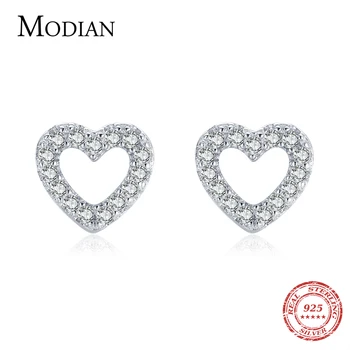 Modian אותנטי 925 כסף סטרלינג עגילים עבור נשים לב רומנטי עגילים נוצץ ברור CZ חתונה אירוסין תכשיטים