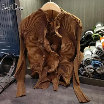 Seofdioo אופנה קפלים קפלים העליון נשים בגדים תמציתי שרוול ארוך בודד עם חזה קט-חולצה קיץ 2023 חברות מקרית