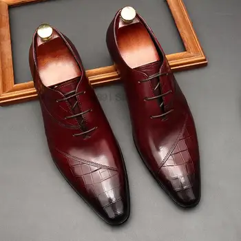 Top איכות גברים נעלי אוקספורד עור אמיתי מחודד בוהן יוקרה שחור יין אדום גברים עסקים במשרד רשמי של גברים נעלי שמלה