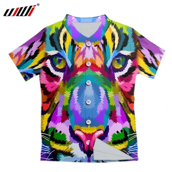 UJWI Mens חולצה הוואית אופנה מזדמן כפתור צבעוני חיה נמר הדפסה החוף שרוול קצר יבש מהירה גבי החולצה XXS-6XL