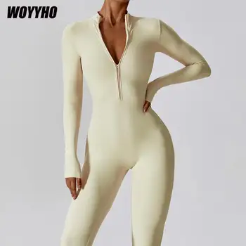 WOYYHO ספורט נשים סרבל עם חזק יוגה הכוללת בגד גוף שרוול ארוך Bodycon רומפר Playsuits חותלות ספורט חליפת יוגה