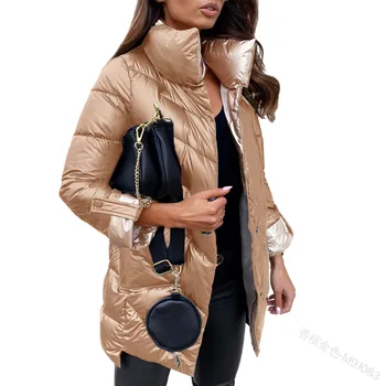 Zip Placket כותנה מרופד מעיל מעילי הדובון נשים מעיילי מעילי מוצק מבריק נשלף מעילים להאריך ימים יותר שרוול ארוך והברדסים