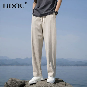 אביב קיץ אופנה חדשה מוצק צבע באורך קרסול איש מכנסיים בסגנון קוריאני טהור כותנה אלסטי המותניים כיסים ישר מכנסיים