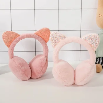 אופנה חתול האוזן קטיפה אטמי אוזניים נוצץ נצנצים רכים Earflaps סרט לילדים בנים בנות יוניסקס בציר אוזן-כובע חורף חיצוני