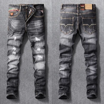 אופנת רחוב אופנה גברים ג 'ינס רטרו שחור אפור אלסטי Slim Fit ג' ינס קרועים גברים טלאים מעצב בציר מזדמן מכנסי ג ' ינס