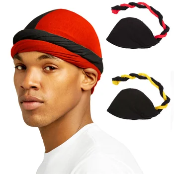 אלסטי צבע זוגי טורבן Durag לגברים סאטן בשורה בנדנה Headwrap כובעי טלאים אופנת רחוב היפ-הופ גברים בגימור קאפ