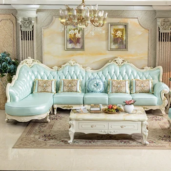 בסגנון אירופאי הסלון אור כחול עץ מלא מגולף עור אמיתי ספה פינתית