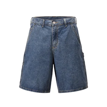 בציר מוצק צבע נשטף, לבנות ויפות Pokcet כחול ג 'ינס מכנסיים קצרים של הגברים קיץ רחב הרגל אופנת רחוב באגי מטענים גדולים ג' ינס קצר