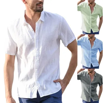 בקיץ כותנה חולצות פשתן עבור גברים מזדמנים חולצות עם שרוול קצר חולצות מוצק Turn-למטה צווארון רשמית החוף חולצות בגדי גברים