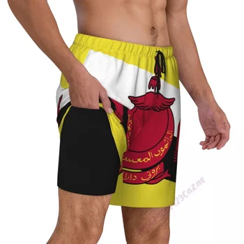 ברוניי דגל 3D Mens מכנסיים קצרים עם דחיסה שקית 2 ב-1 מהיר יבש בקיץ לשחות מכנסיים קצרים עם כיסים