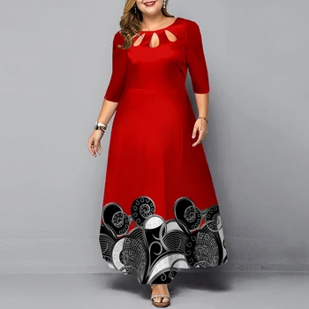 בתוספת גודל שמלת סתיו אלגנטי השבט הדפסה זמן מסיבה לנשים סקסיות O-צוואר חלול החוצה אדום חג המולד ערב תלבושות 5XL