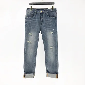 ג ' ינס של גברים מותג יוקרה חור ישר זכר Slim Fit באמצע מכנסיים מותן הקיץ מתקדם חדש שטף באיכות גבוהה אופנה מכנסיים