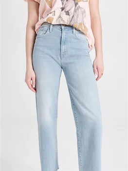 גבוהה המותניים ישר ג 'ינס נשים מוצק צבע 2023 אופנה חופשי נקבה ג' ינס קרסול-אורך המכנסיים אביב קיץ