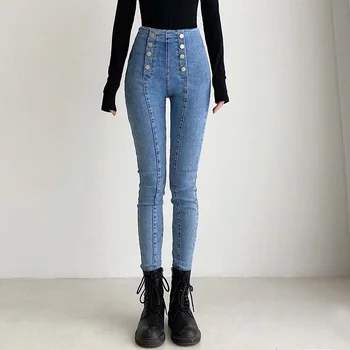 גבוהה המותניים כפול עם חזה אלסטית כל-התאמה עיפרון ג 'ינס אופנה קוריאנית שיק גרנדה Taille ג' ינס מכנסיים אופנת רחוב מכנסיים ארוכים