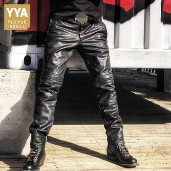 גברים ג 'ינס טלאים אמיתית מכנסי עור אופנת רחוב ישר אופנוען מזדמנים מכנסיים מרובי כיסים-פרה מכנסי דגמ