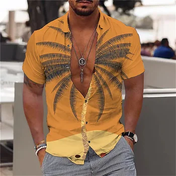 גברים חולצות חולצות הוואי עץ קוקוס לחמניות להפחית צהוב 3D הדפסה שרוולים קצרים חוף ללבוש מזדמנים אופנה עיצוב