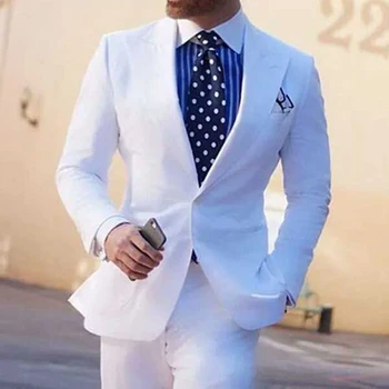 גברים לבנים בחליפות Slim Fit עם רחב לשיא דש חתונה חגיגית לחתן חליפות 2 חלקים זכר אופנה מעיל מכנסיים