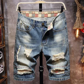 גברים של סגנון רטרו קרע מכנסי ג 'ינס קצרים 2023 הקיץ החדש רחוב אופנה סלים חור קצר ג' ינס הגברי מותג בגדים