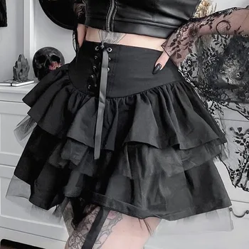 גותי פאנק שחור כהה חצאיות נשים Harajuku Y2k סקסי תחרה רשת חצאית וינטג ' אופנת רחוב קניון גותי גבוה המותניים Clubwear ה-90