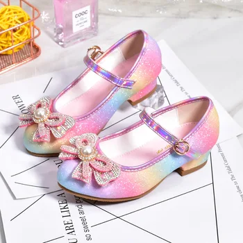 הבנות עור הנסיכה נעליים 2023 נעלי ילדים סביב הבוהן רך הבלעדי בנות העקב גבוה נסיכת קריסטל מסיבת נעלי ריקוד