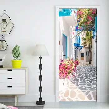 הסלון דלת חדר השינה קיר מדבקת PVC עמיד למים טפט קישוט רומנטיקה יוונית Street View 3D הדלת ציור קיר טפט רול