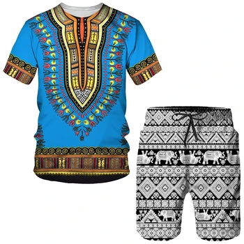 הקיץ 3D אפריקה הדפסה מזדמן דאשיקי חליפות גברים בכמה תלבושות בסגנון וינטג חולצות +מכנסיים גבריים מסורתיים אימונית להגדיר