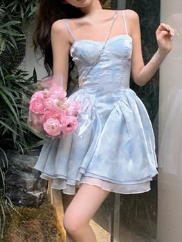 הקיץ הדפסה צרפת השמלה אלגנטית נשים סלים בציר פיות מסיבת מיני שמלה נשית ללא משענת אופנה קוריאנית Kawaii להתלבש 2023 חדש