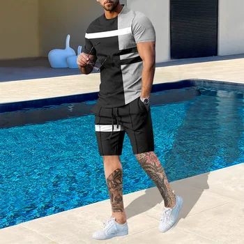 הקיץ חדש אופנה 2 ערכות קטע אדידס גברים מנופחים בגדי רטרו החוף סגנון 3D מודפס חולצות גברים חליפת מכנסיים קצרים חולצת טי