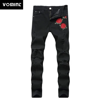 השחור החדש קרע בג 'ינס עם רקמה גברים עם פרחים רוז רקום גברים ג 'ינס ג' ינס סטרץ סקיני ג ' ינס מכנסיים