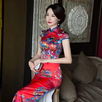 השמלה של נשים פוליאסטר צמח פרח הדפסה שרוול קצר Cheongsam הלאומי בסגנון רטרו סלים טמפרמנט גבוה-סוף האביב, קיץ