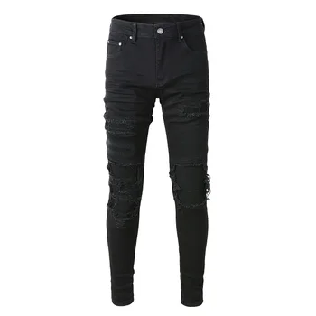 חדש Mens #A569 במצוקה טלאים קרועים הרס צלעות תיקונים חלול החוצה סלים למתוח שטף ג ' ינס מכנסיים שחורים גודל 28-40